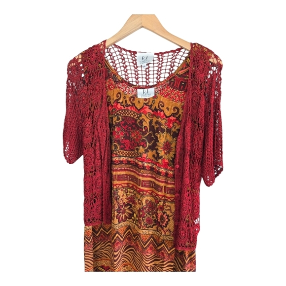 RJ Collection By Chelsea 2piece Set Maxi Dress Crochet Jacket Burnt Orange Y2k - Picture 4 of 16